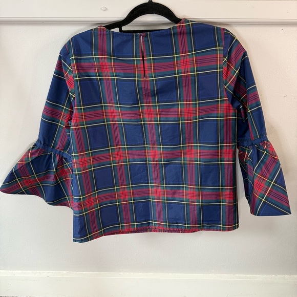 Vineyard Vines Plaid Shirt with Flared Ruffle Sleeves Navy Red Christmas Style - Picture 3 of 6